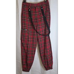 Hot Topic Red Plaid Suspender Joggers Vintage PUNK Y2K Sz 1
